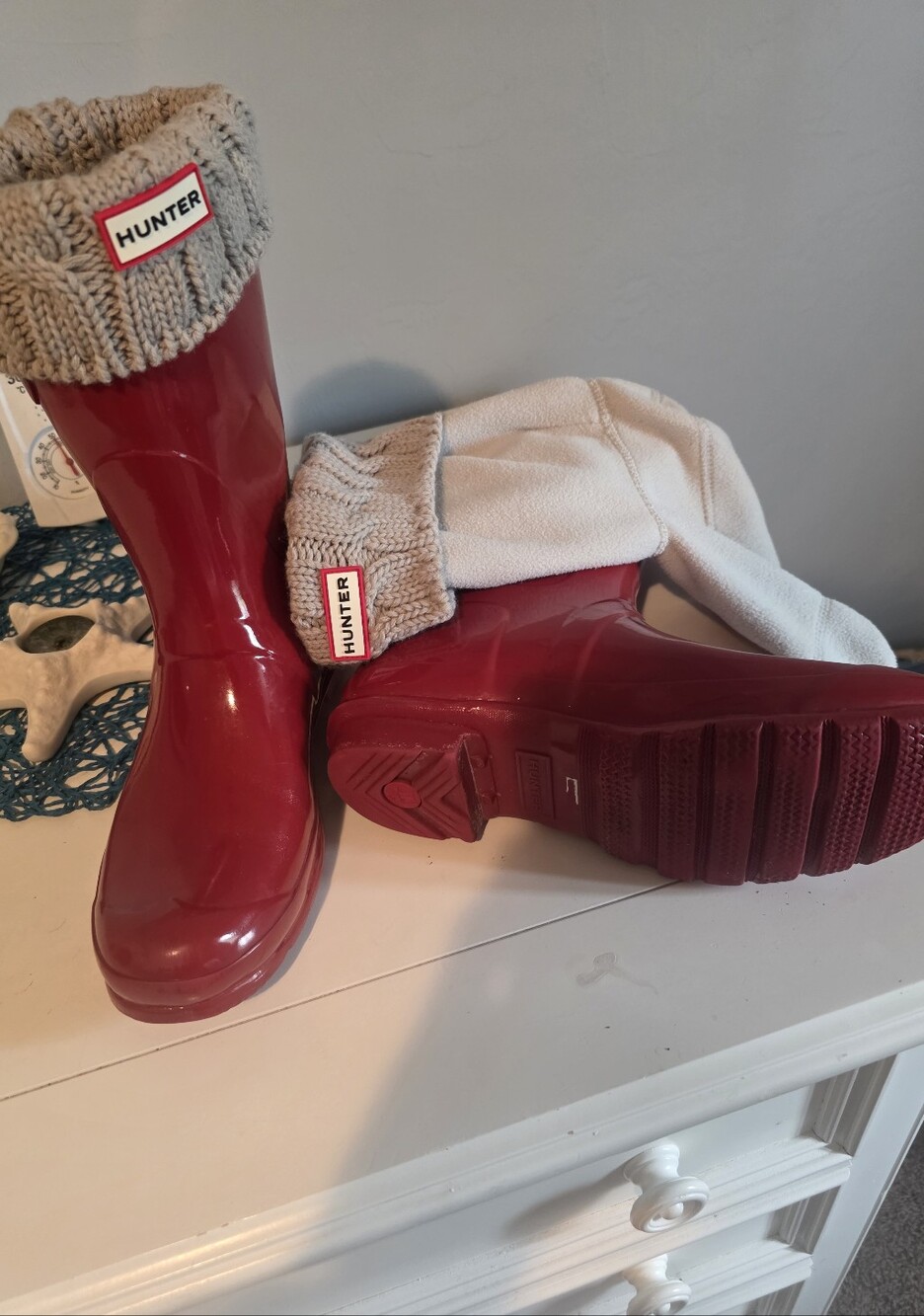 Hunter Women's Gloss Cherry Red Rain Boots with Knit Cuff